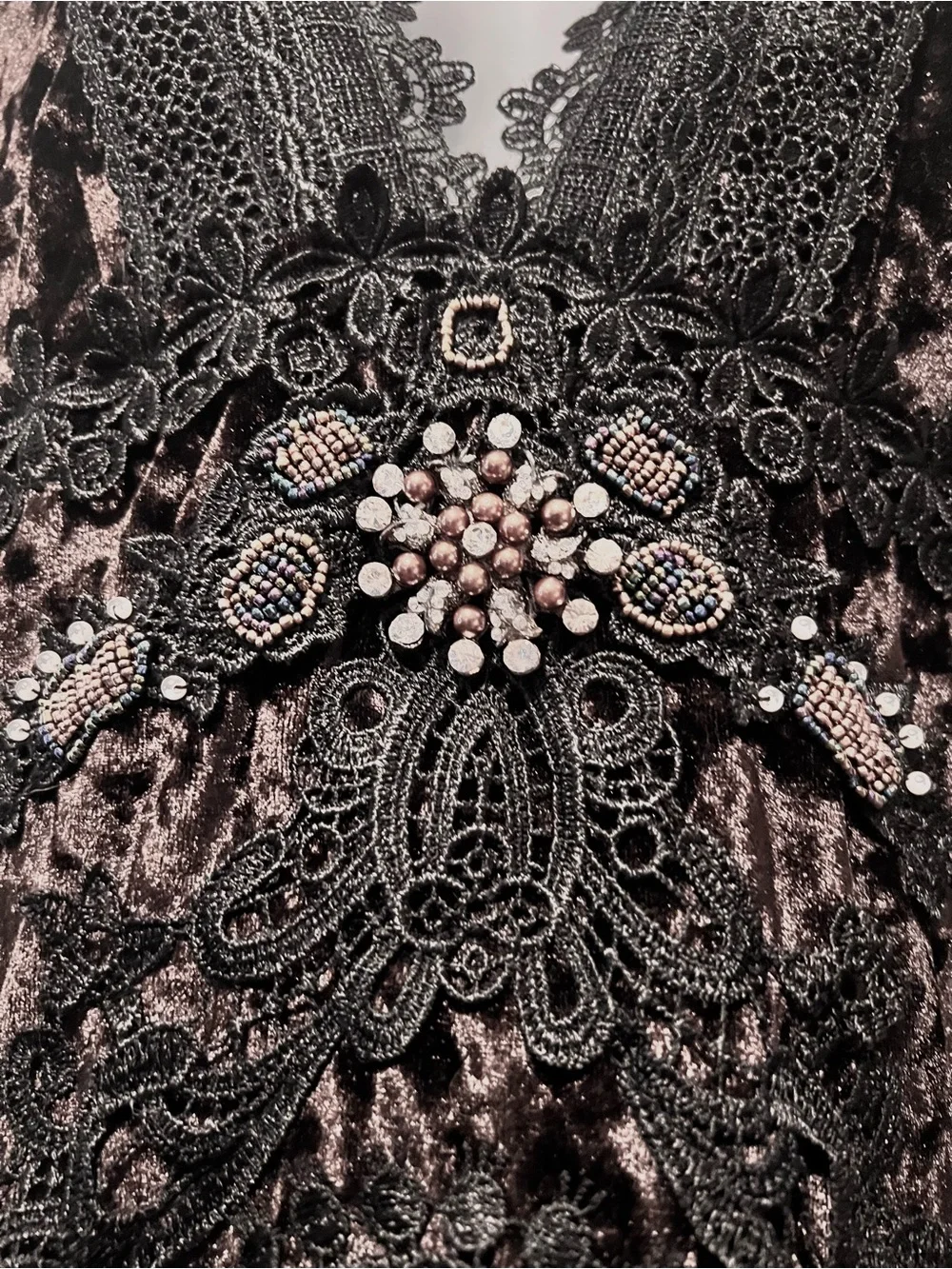 Passion Concept-Deep Purple/Black Beaded Velvet Lace V-Neck Tunic Blouse-Long Sl